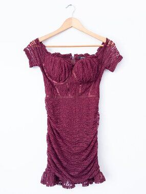 Privy Burgundy Lace Mini Dress Off Shoulder Sweetheart Bust Y2K Coquette S